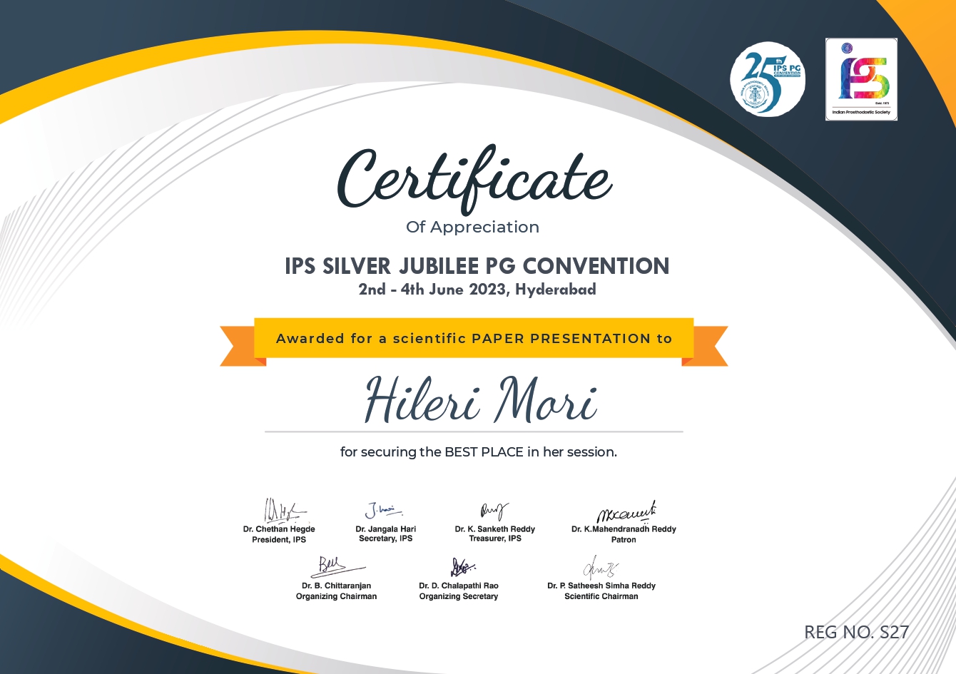 Dr. Hileri Mori secured Best Place in her scientific paper presentation session at the IPS Silver Jubilee PG Convention, Hyderabad.