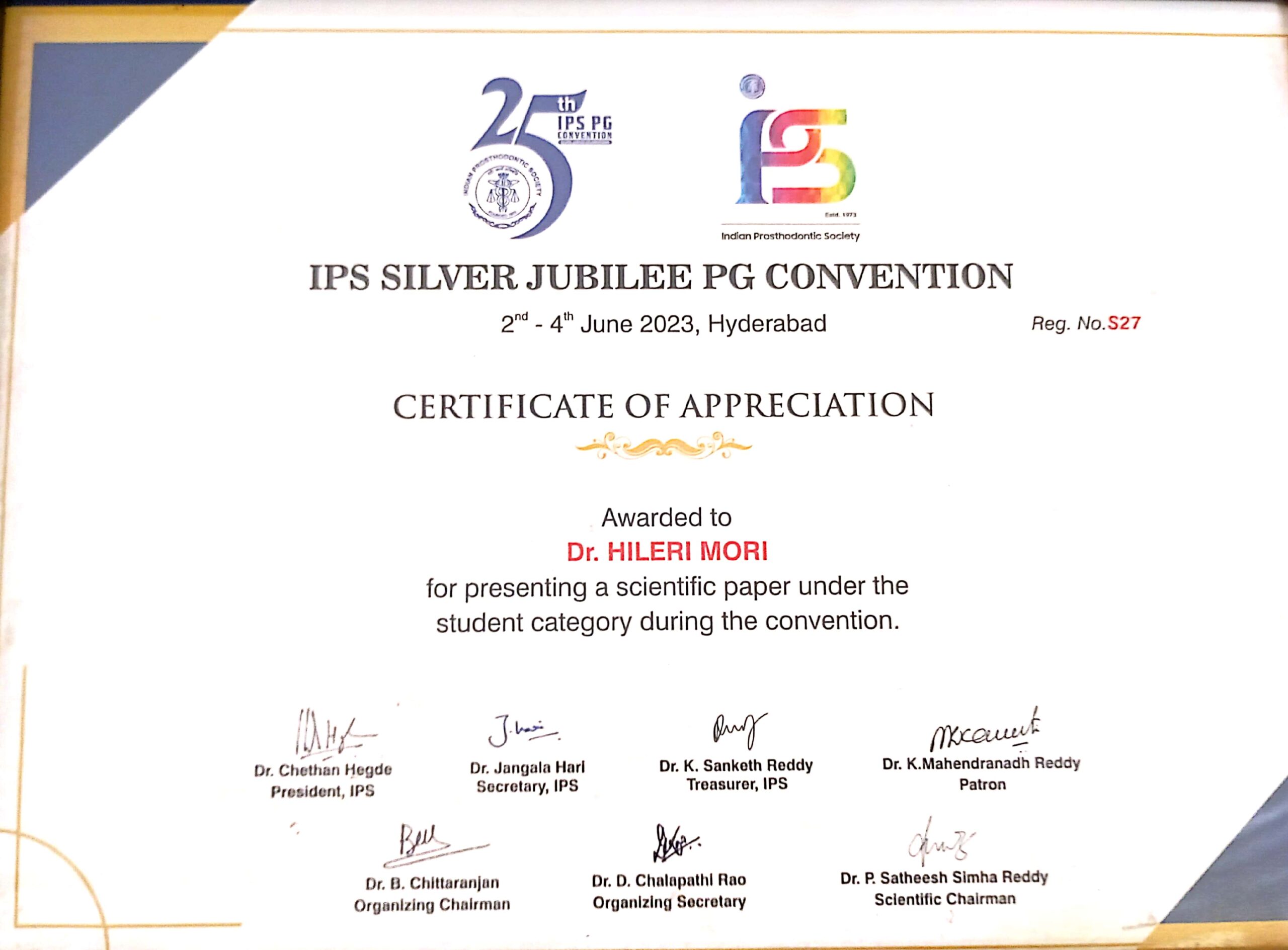 Certificate recognizing Dr. Hileri Mori for presenting a scientific paper at the IPS Silver Jubilee Postgraduate Convention held in Hyderabad.