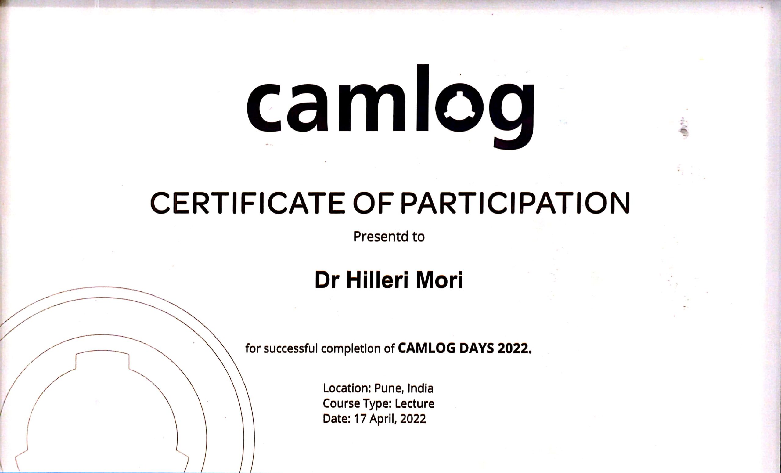 Certificate awarded to Dr. Hileri Mori for successful participation in CAMLOG Days 2022, a leading dental implantology and prosthodontic education program held in Pune.