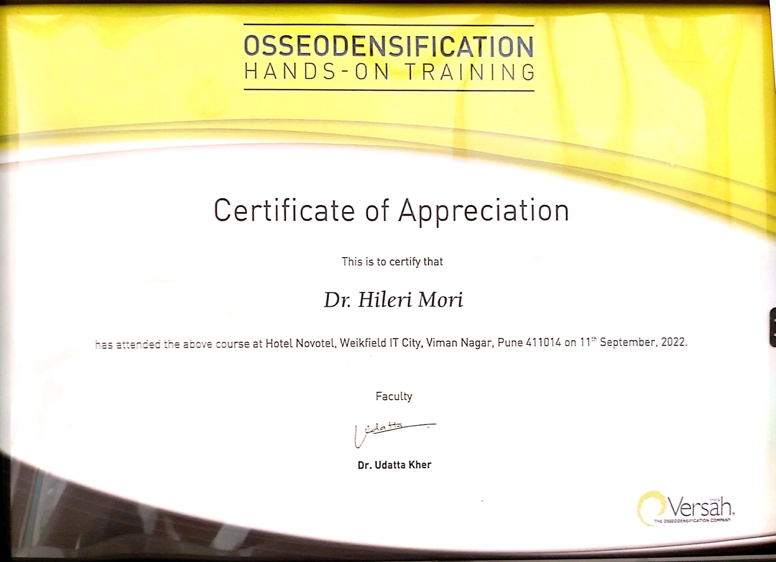 Certificate of appreciation awarded to Dr. Hileri Mori for completing advanced Osseodensification hands-on implant training focused on modern implant dentistry techniques.